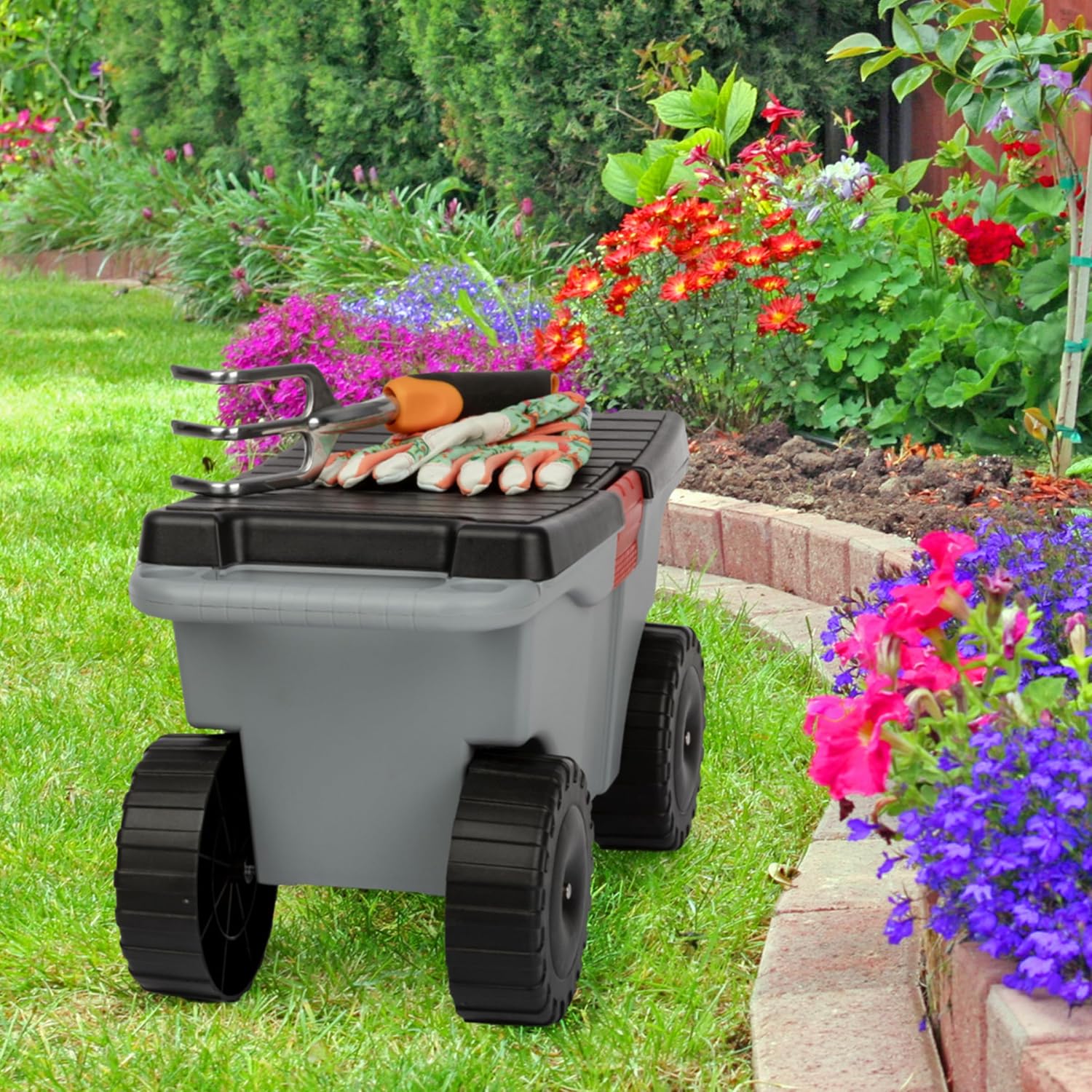 Pure Garden Rolling Garden Cart with Seat, Gray | Plastic Gardening Stool Bench with Interior Garden Tool Storage Tray