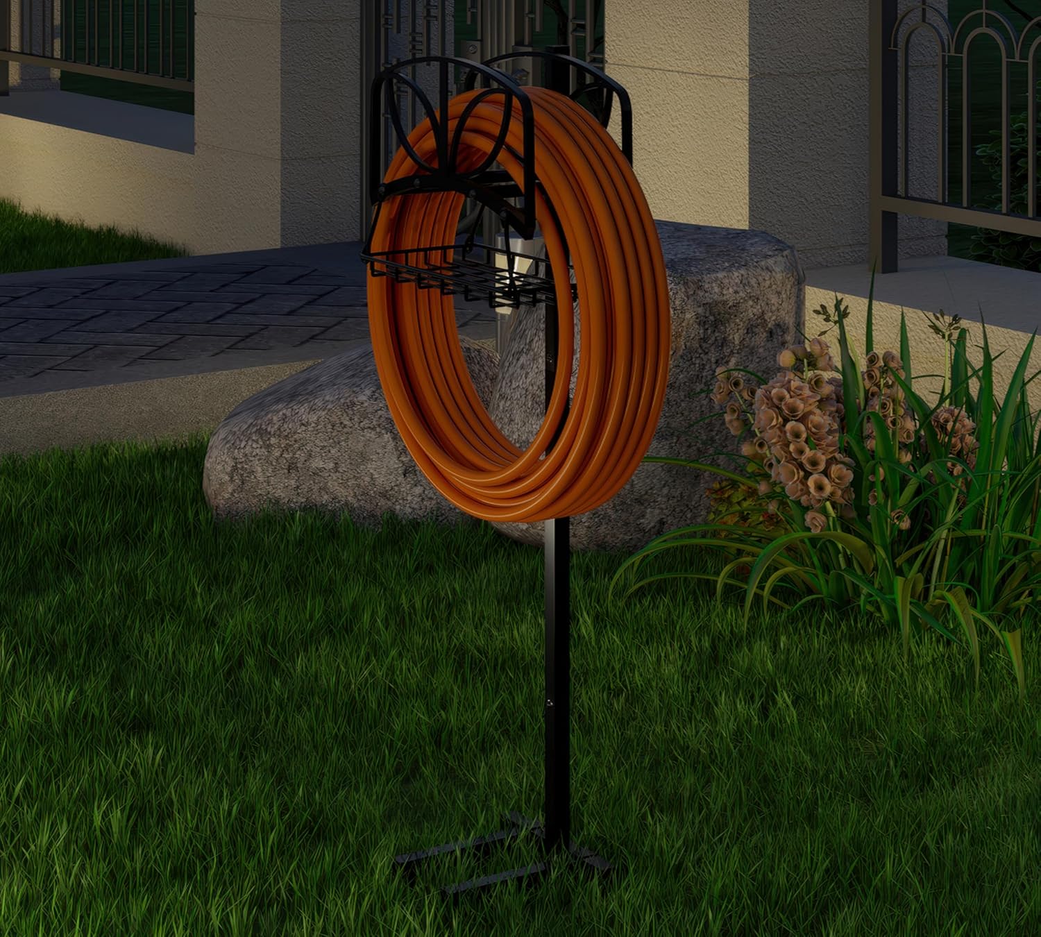 Fire Beauty Garden Hose Holder with Storage Basket,Heavy-Duty,80+ lb Capacity,Rust-Proof Stainless Steel,Organizes