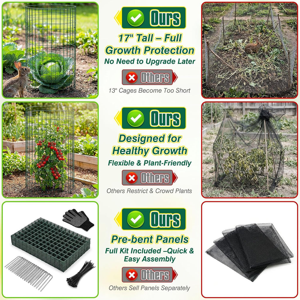 12 Pack 17" x 12" Tall Round Plant Cage - 36PCS Plant Support Cage Metal Wire Mesh Plant Protector for Outdoor