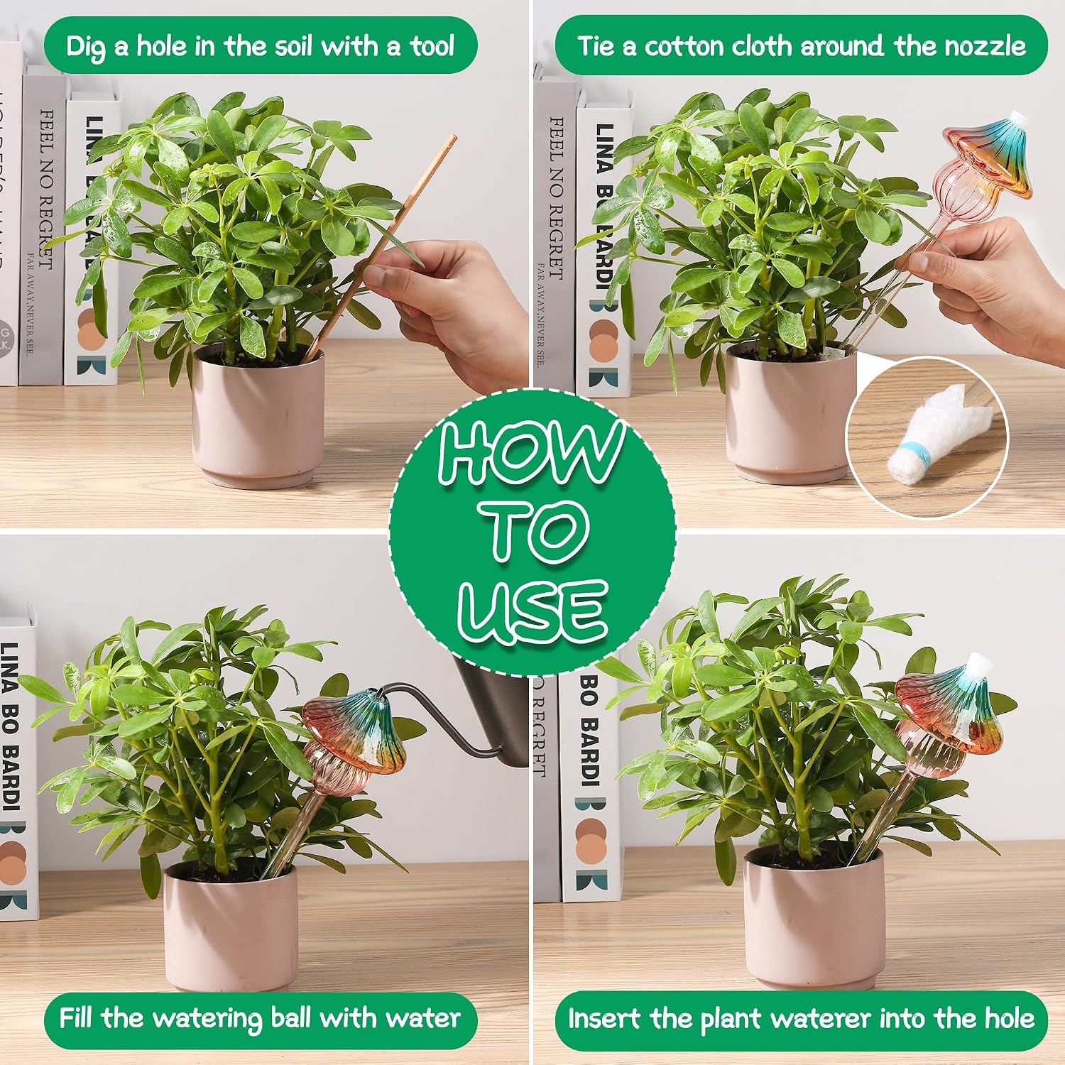Self Watering Globes for Plants 4 Pack Mushroom Glass Plant Watering Globes | Plant Watering Devices for Indoor &
