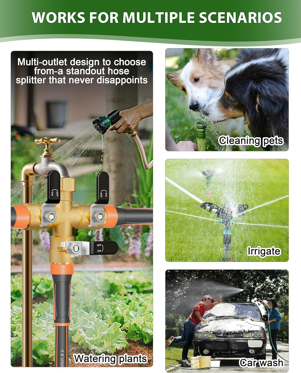 Garden Hose Splitter, 3 Way Heavy Duty Brass hose splitter, Water Hose Bib Spigot Splitter with 0.59" Full Flow Ball