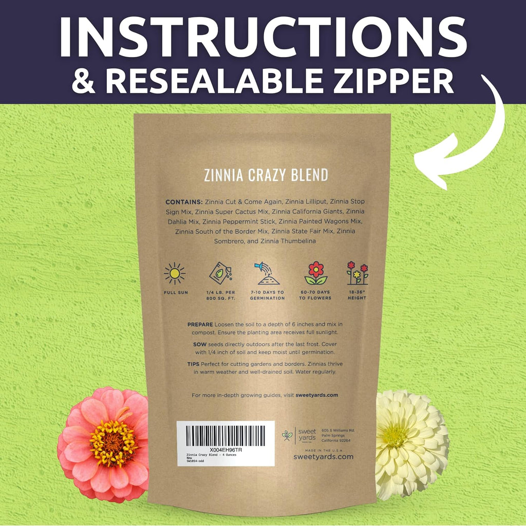 Zinnia Crazy Blend - Bulk 1/4 Pound Pouch - 15,000 Flower Seeds for Planting - Zinnia elegans