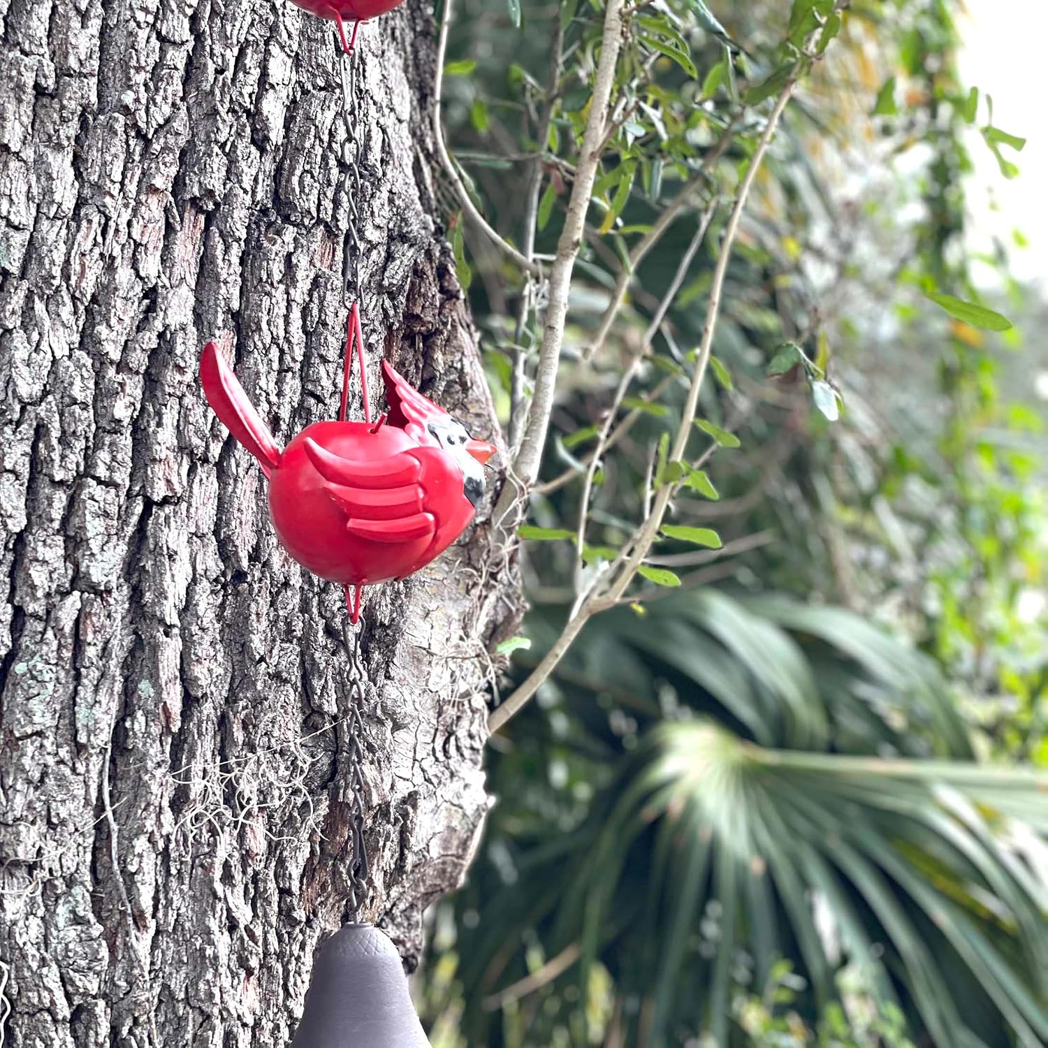 Red Cardinal Rain Chain, 85 Inch Metal with 7 Birds and Bell | Rustic Brown Finish, Three-Dimensional Designs, Each 5.5