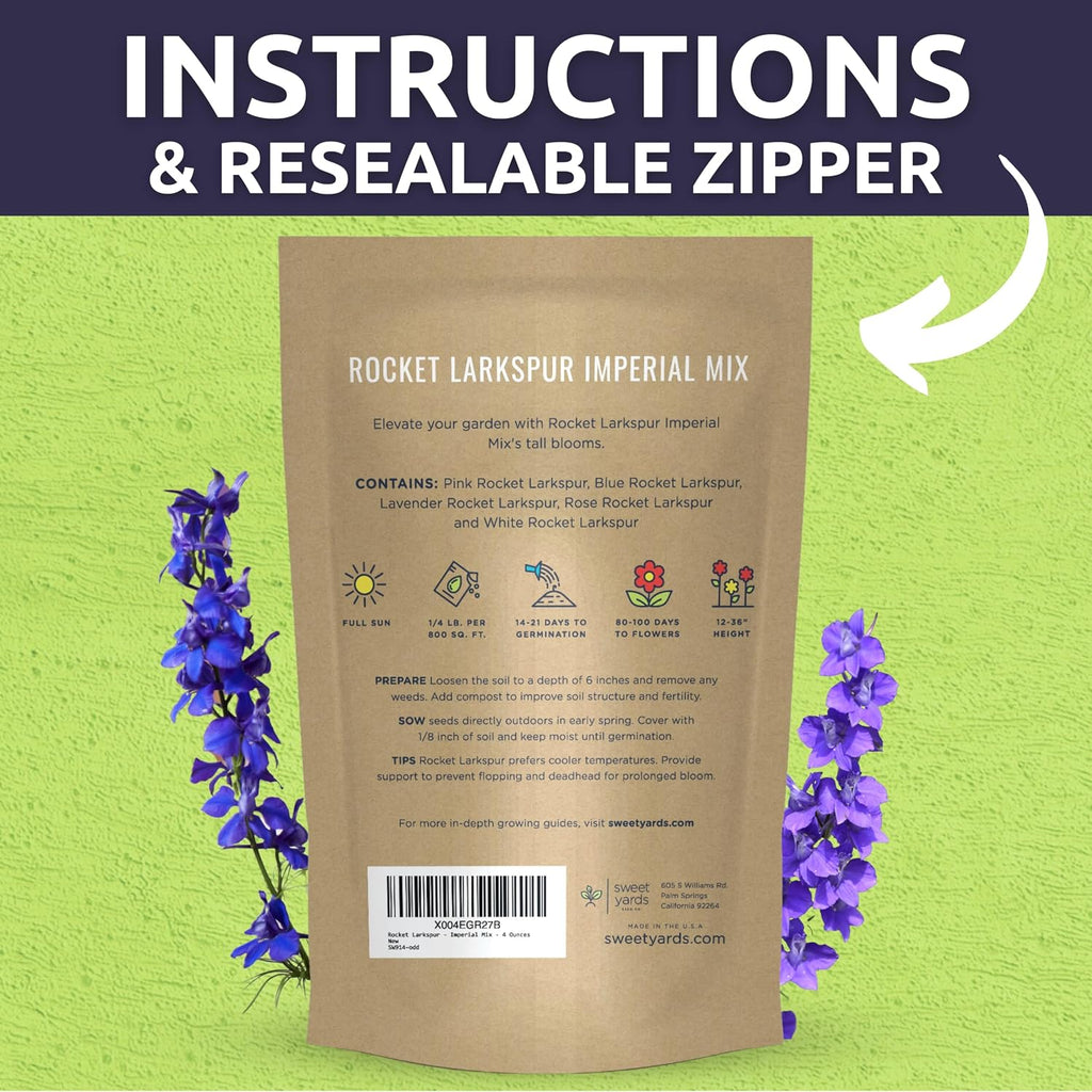 Rocket Larkspur - Imperial Mix - Bulk 1/4 Pound Pouch - 30,000 Flower Seeds for Planting - Consolida ajacis