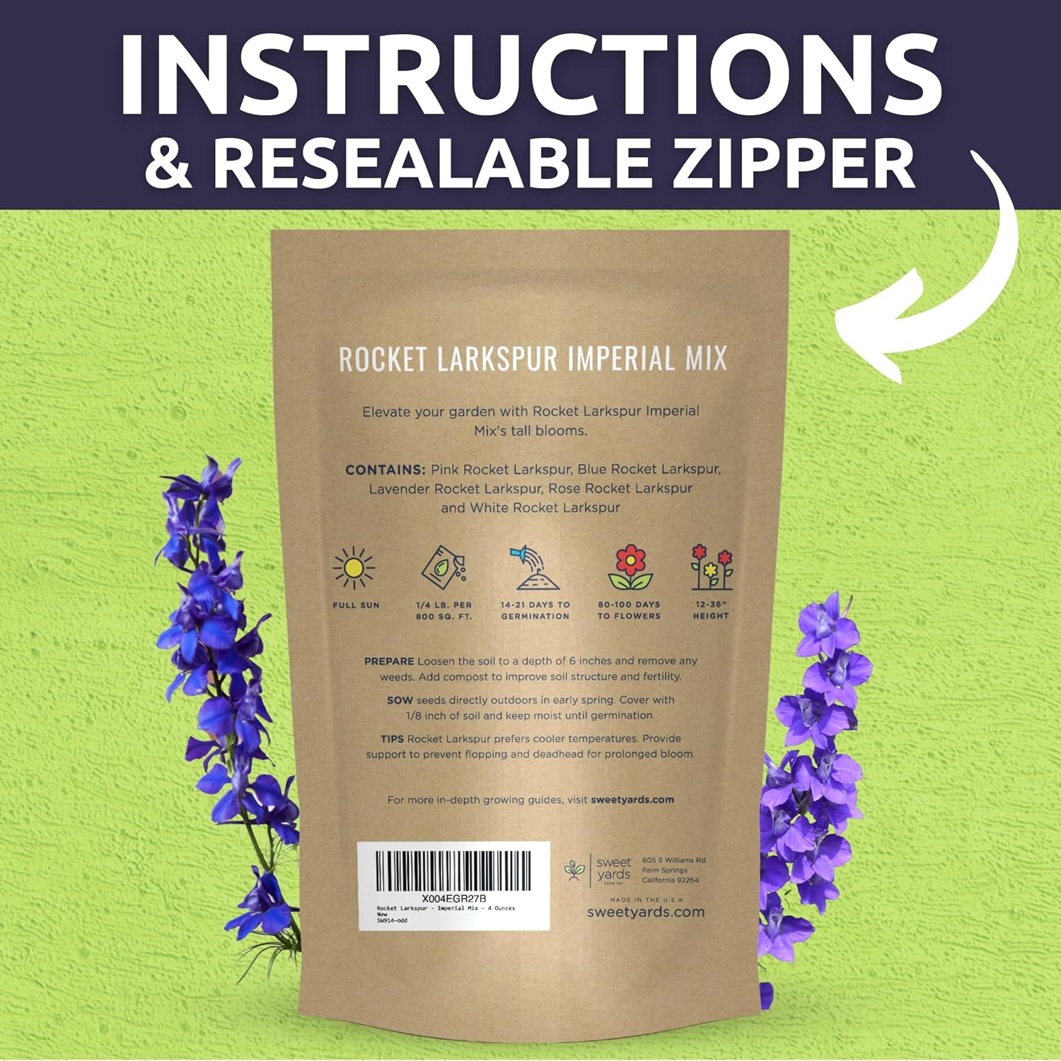 Rocket Larkspur - Imperial Mix - Bulk 1/4 Pound Pouch - 30,000 Flower Seeds for Planting - Consolida ajacis
