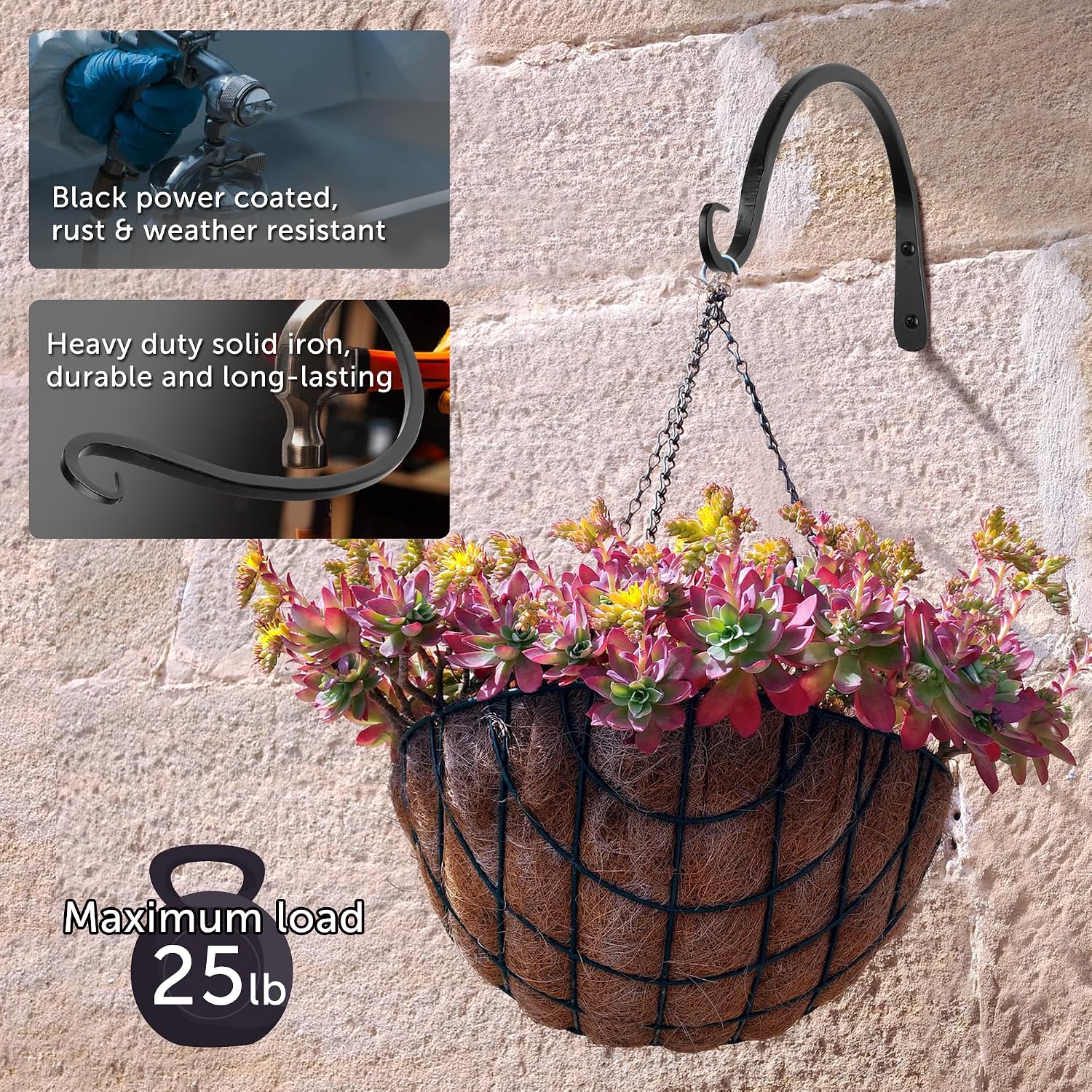 Worth Garden 6-Pack 8" Plant Hanger Bracket - Hand-Forged Wrought Iron Powder-Coated Heavy Duty Wall Hooks - Black