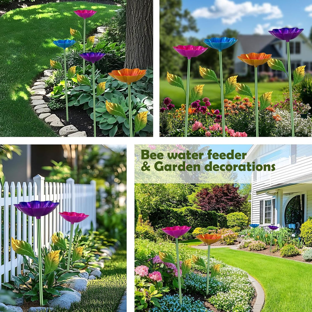 Bee Watering Station, 4 Pack Butterfly Drinking Station with Flower Design for Garden,Colorful Metal Flying Insects