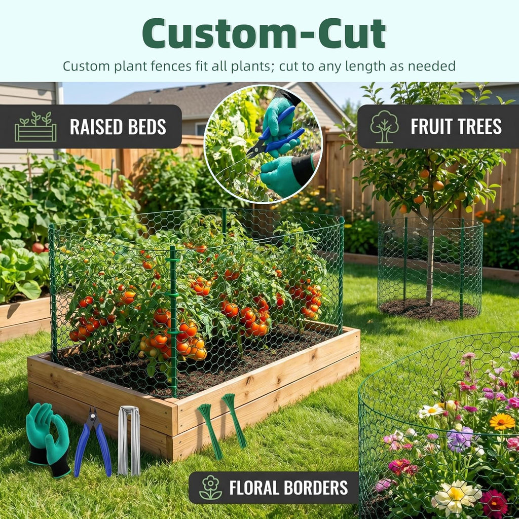 16in x 33ft PVC Coated Chicken Wire Mesh Fence | Garden Fencing Netting & Plant Protectors from Animals Kit with 100