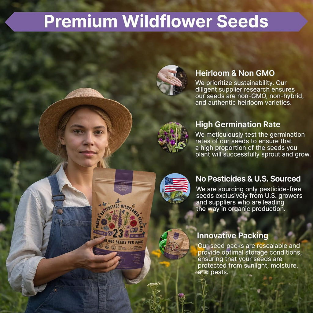 23 Wildflower Seeds Annual & Perennial Mix for Indoor & Outdoors, Attract Birds & Butterflies 100,000+ Non-GMO