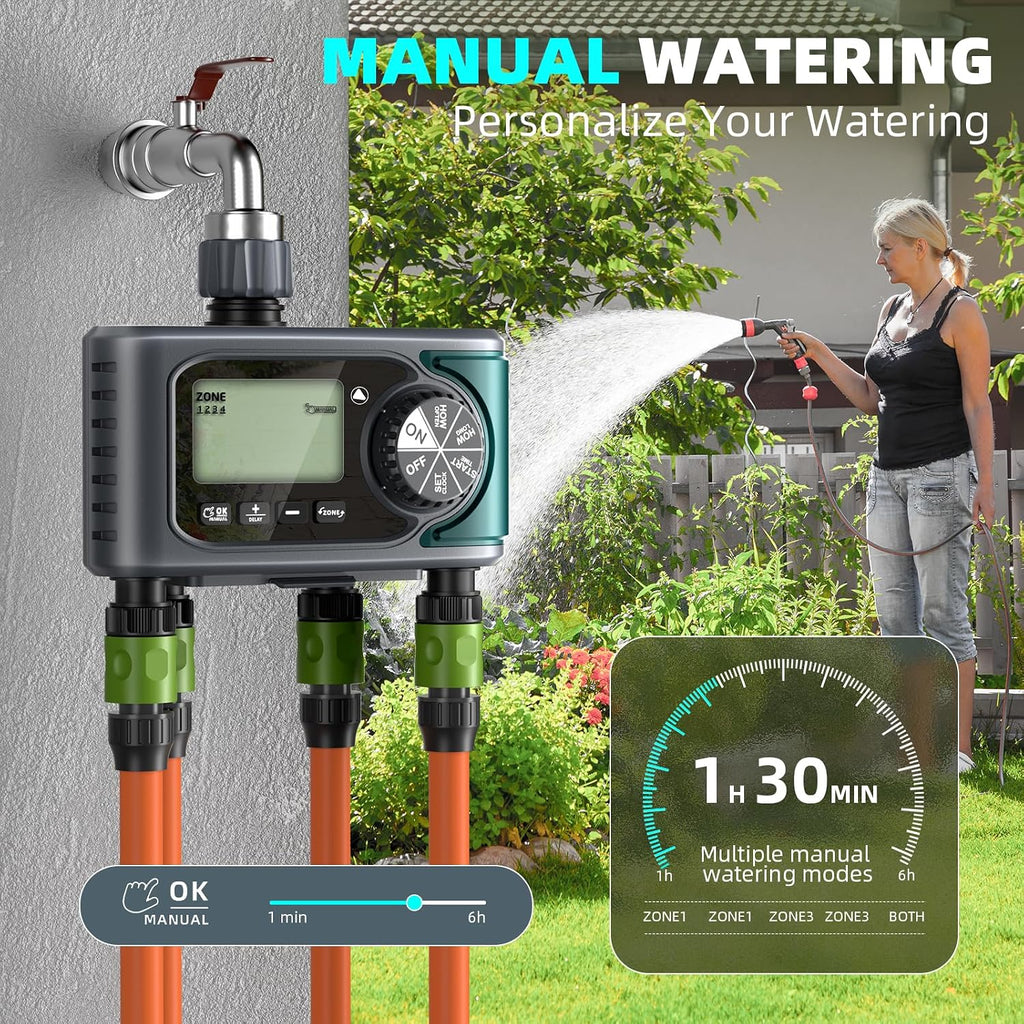Sprinkler Timer for Outdoor Hose Faucet 4 Zone, Programmable Hose Timer with Rain Delay/Manual/Automatic Watering