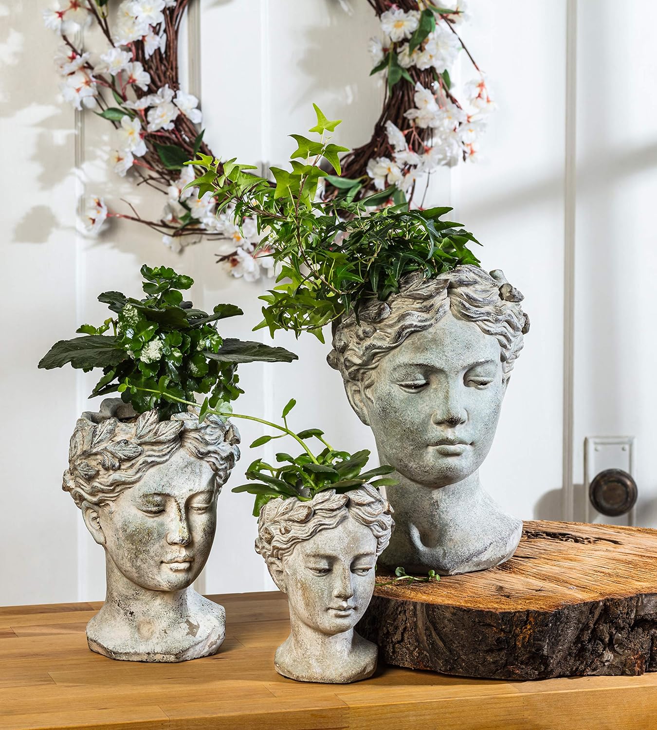 Abbott Collection Extra Small Woman Head Planter | Hand-Finished Greco-Roman Style, Cement, Gray, 6.5"H