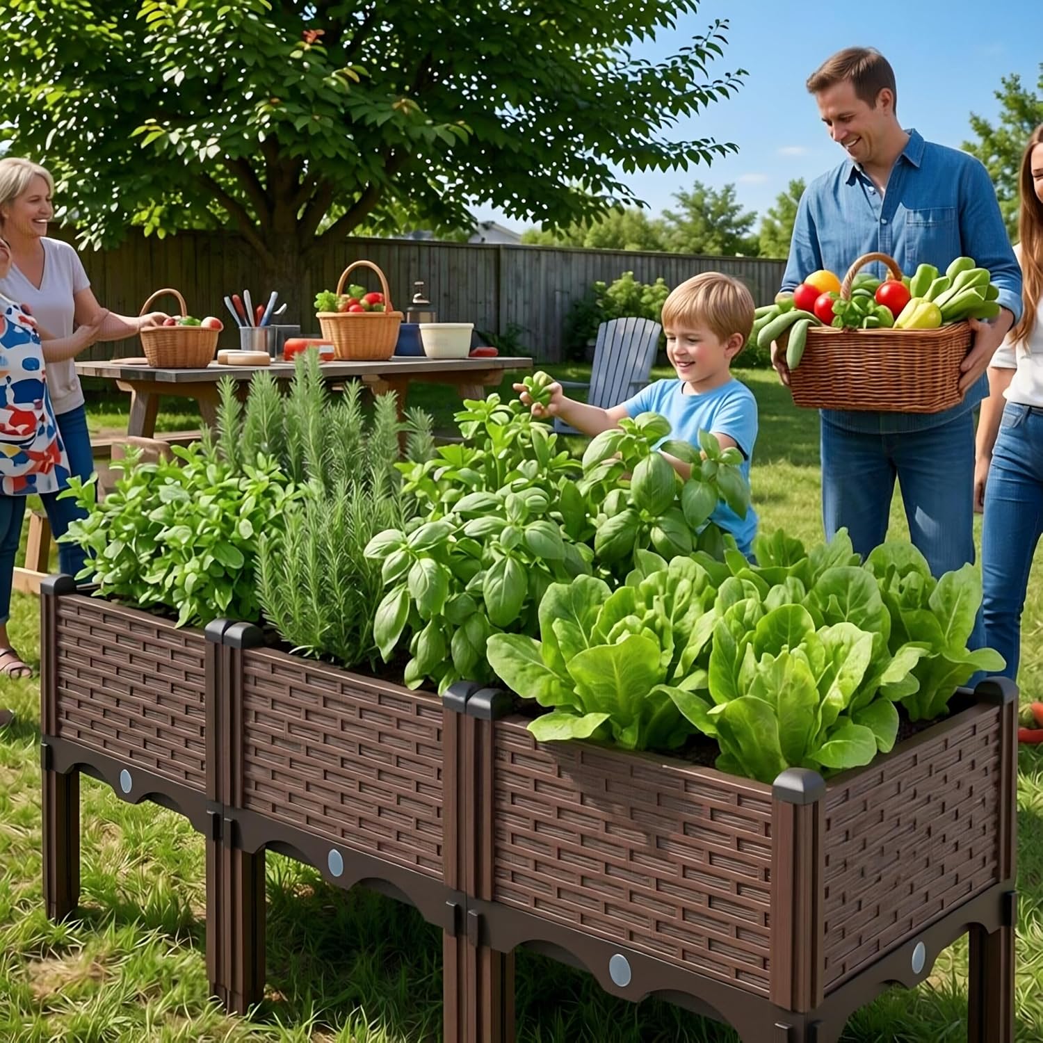 Modular Raised Garden Bed Kit – DIY Stackable Plant Stand with Self-Watering, 47.24"x15.75"x14.17" Brown Plastic