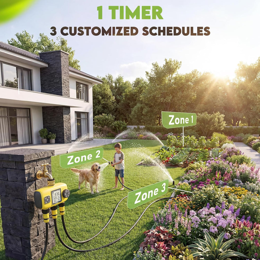 3 Zone Sprinkler Timer for Garden Hose, Brass Inlet Yard Irrigation | Programmable Auto & Manual Water Timer with LCD