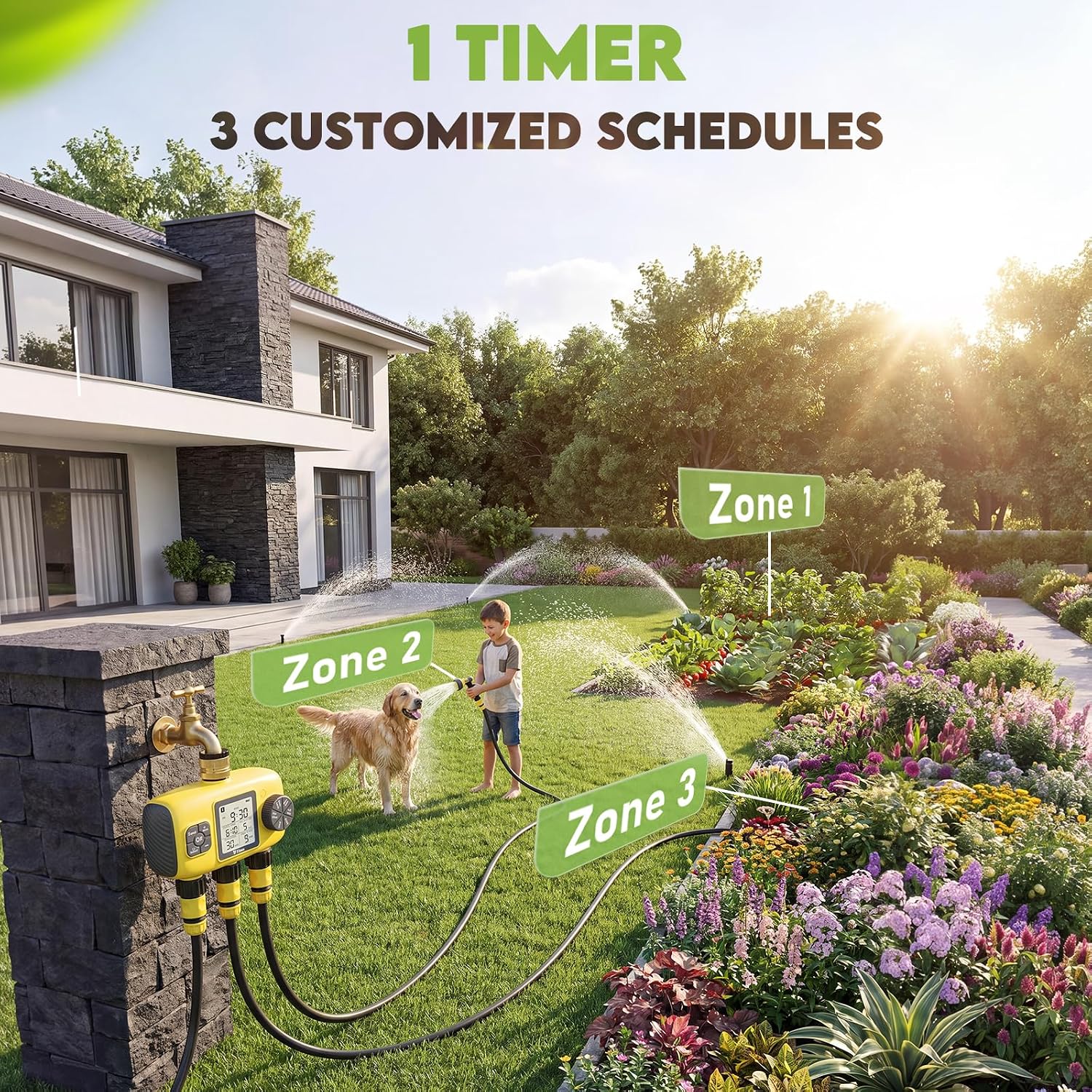 3 Zone Sprinkler Timer for Garden Hose, Brass Inlet Yard Irrigation | Programmable Auto & Manual Water Timer with LCD