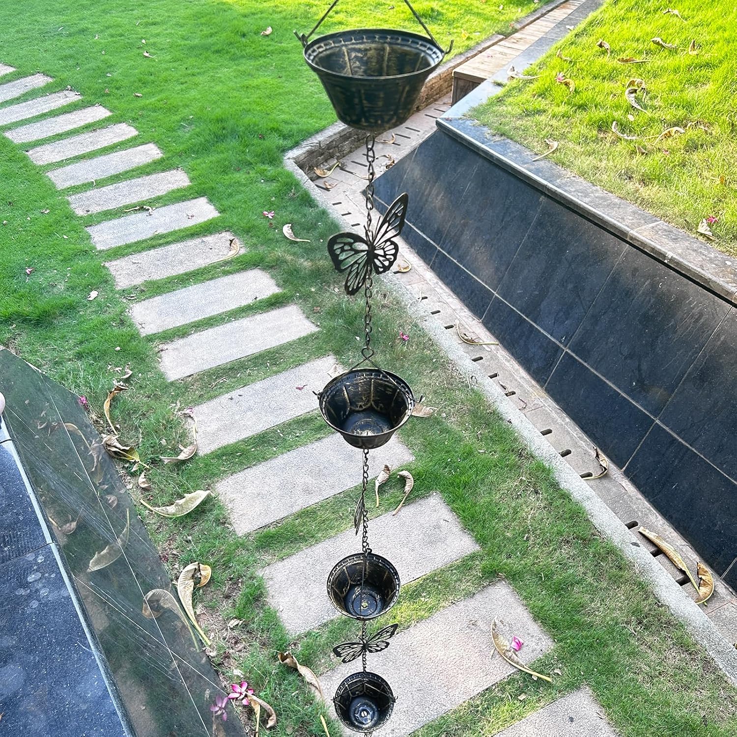 8.5FT Rain Chains for Gutters Downspouts, Butterfly and Cup Rain Gutter Chain | Functional and Decorative Replacement