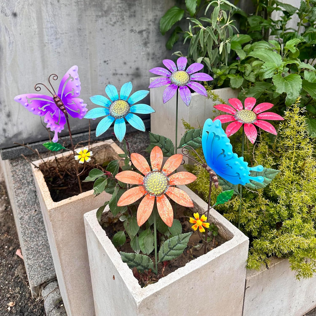 6Pack Metal Flowers for Outside，16.15" Decorative Garden Stakes | Metal Flowers &Butterfly Stakes For Spring Decor