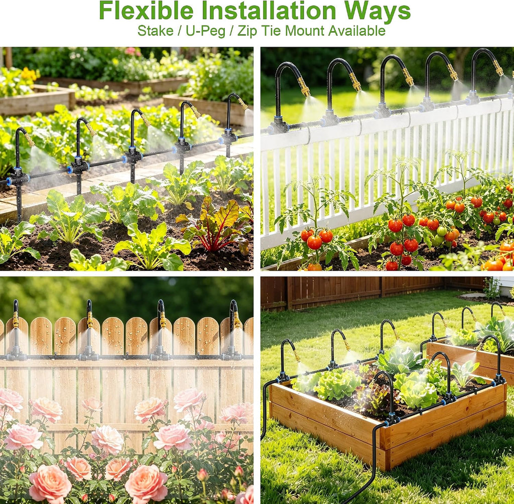 Thiswing 100 FT 360° Adjustable Irrigation System with Stake Holders | 1/4" Tubing, 16 Nozzles, Automatic Watering