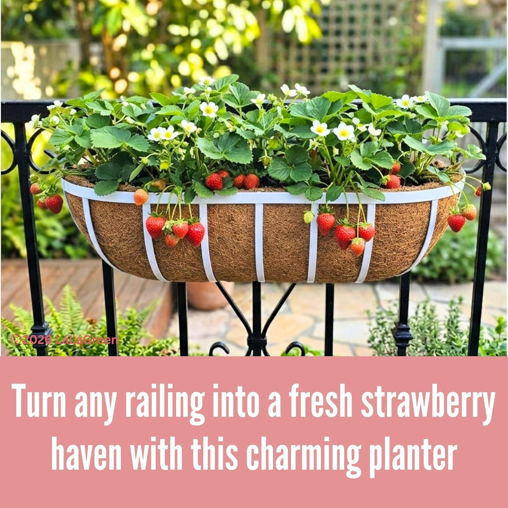 LaLaGreen Deck Railing Planter Boxes (2 Pack, 36") White Metal Extra Large Wall Hanging Planter with Coco Liner