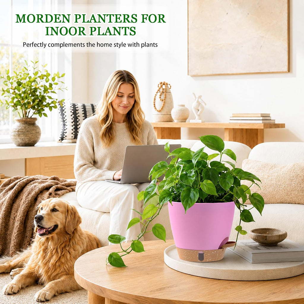 Self Watering Pots for Inoor Ourdoor Plants 8/7/6.5/6/5 Inch, 5 Pack | Plastic Planters with Drainage Holes & Water