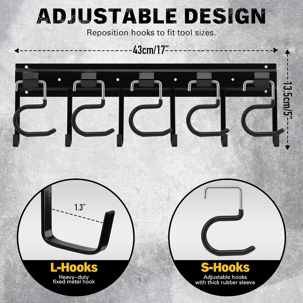 68'' All Metal Adjustable Garden Tool Organizer: Garage Tool Organizer Wall Mount with Black Hooks, Garage Organizers