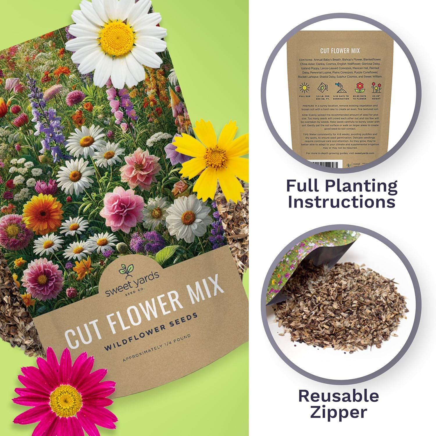 Cut Flower Garden Seeds - Bulk 1/4 Pound Bag - Over 30,000 Fresh Open Pollinated Non-GMO Wildflower Seeds - Long