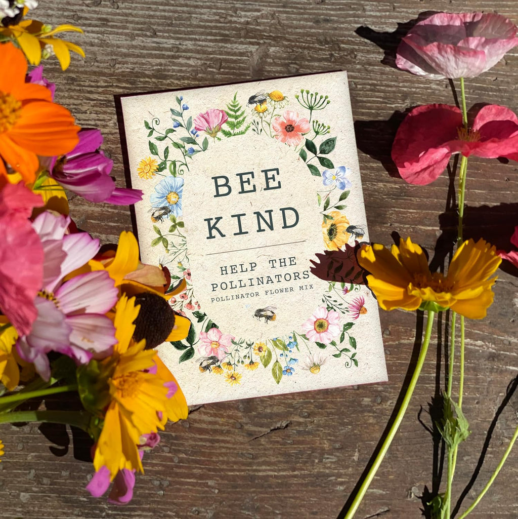 Bee Kind Pollinator Flowers | Beautiful Bee Art Kraft Look Seed Packets | Environmental Favors Cards for Guests