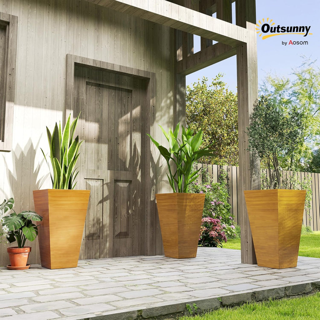 Outsunny 28 Inch Tall Planter for Outdoor Plants Set of 3, Light Brown | Taper Planter, Drainage Holes, Wood Grain