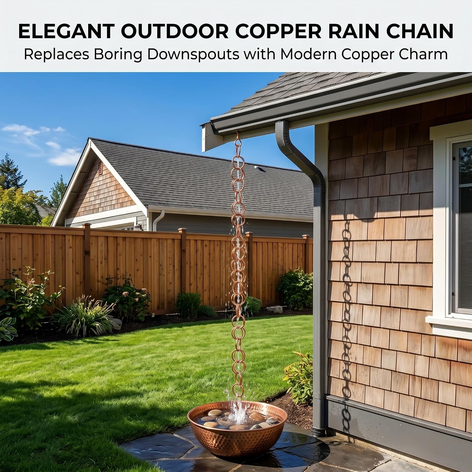 Topadorn 7.7FT Copper-Tone Double Ring Rain Chain | Modern Decorative Metal Downspout Replacement, Adjustable Outdoor