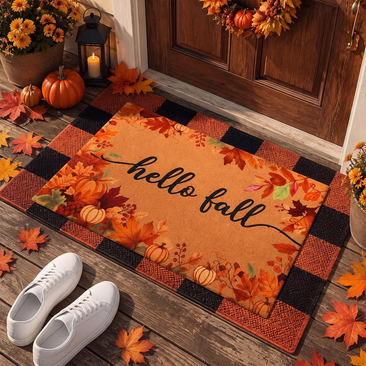 2 Pcs Fall Maple Leaf Welcome Doormat-Fall Decor Orange White Door Mat Set