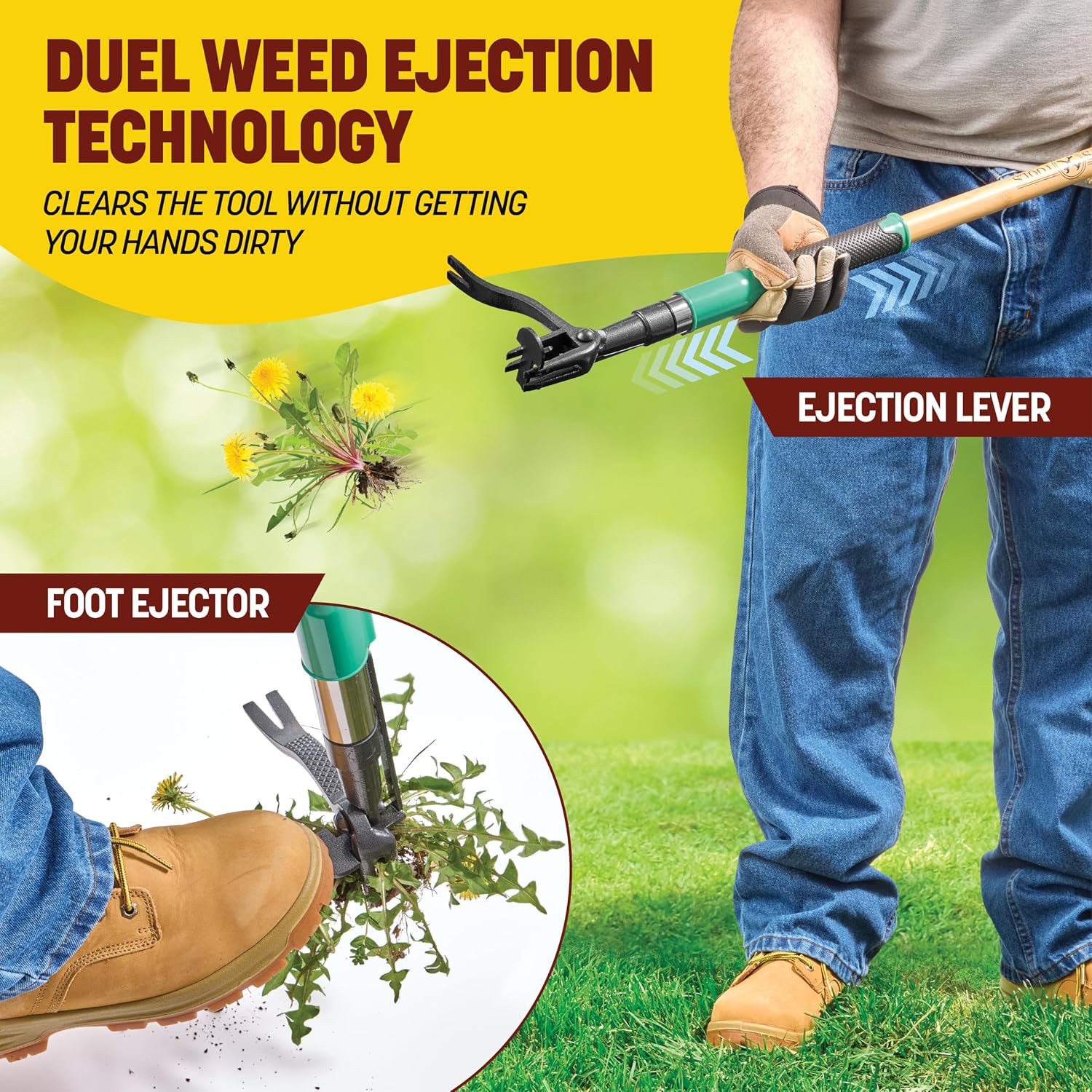 Papa's Tools Weed Puller Tool, 44" Stand Up Weeder Garden Tools & 4 Claw Steel Head, Dual Weed Eject Tech. Made with