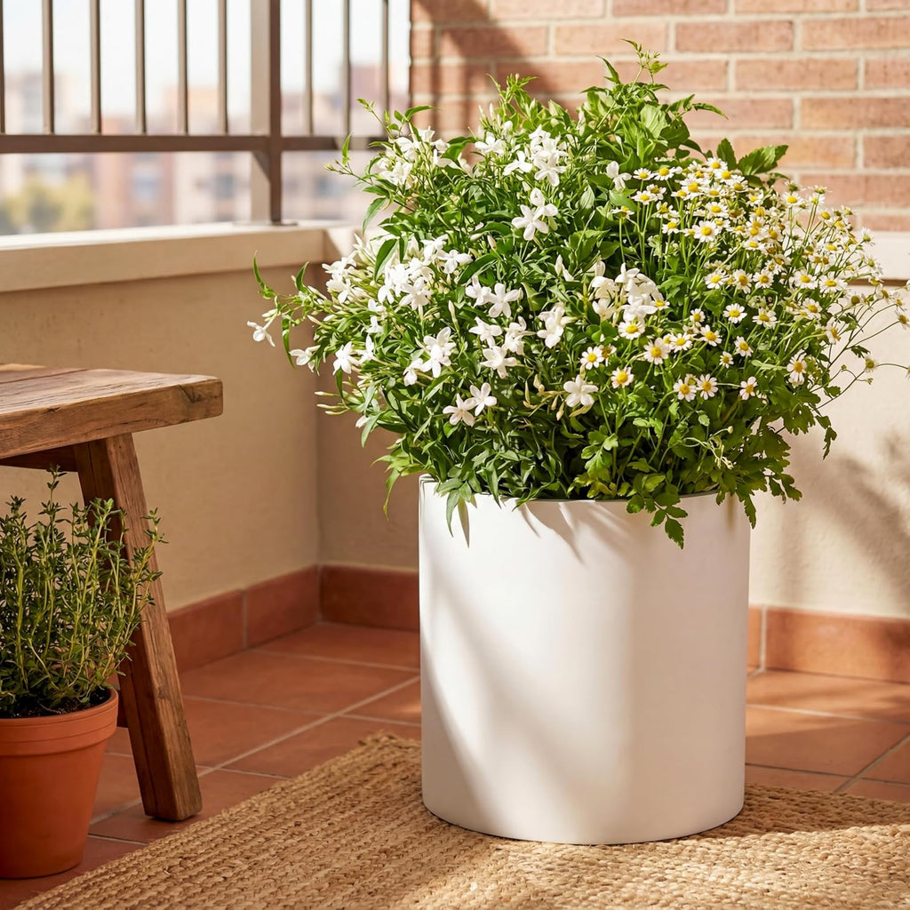 FaithLand 14 Inch Fiberstone Planter - Lightweight Modern Cylinder Plant Pot with Drainage Hole & Plug, Indoor Outdoor