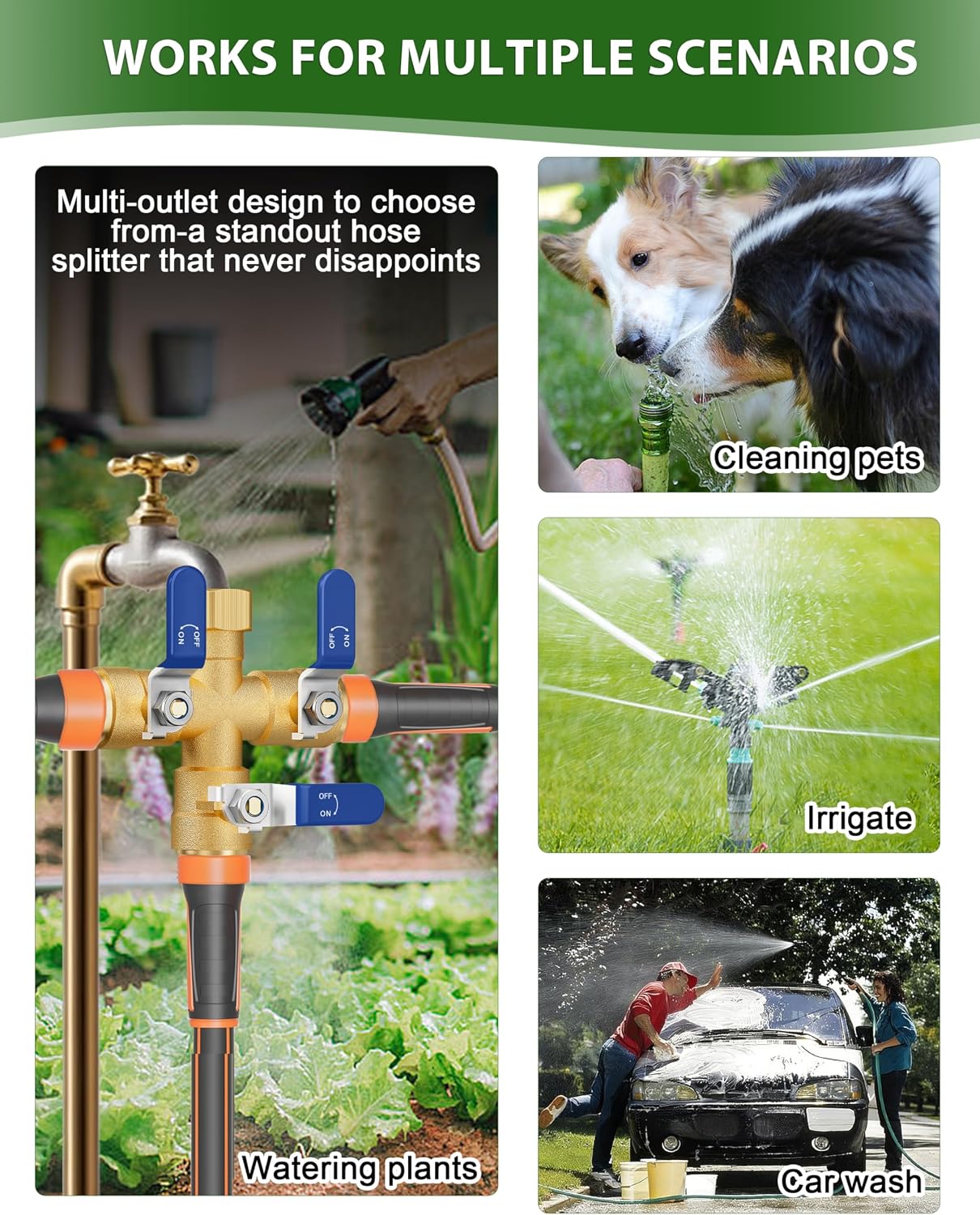 Garden Hose Splitter, 3 Way Heavy Duty Brass hose splitter, Water Hose Bib Spigot Splitter with 0.59" Full Flow Ball