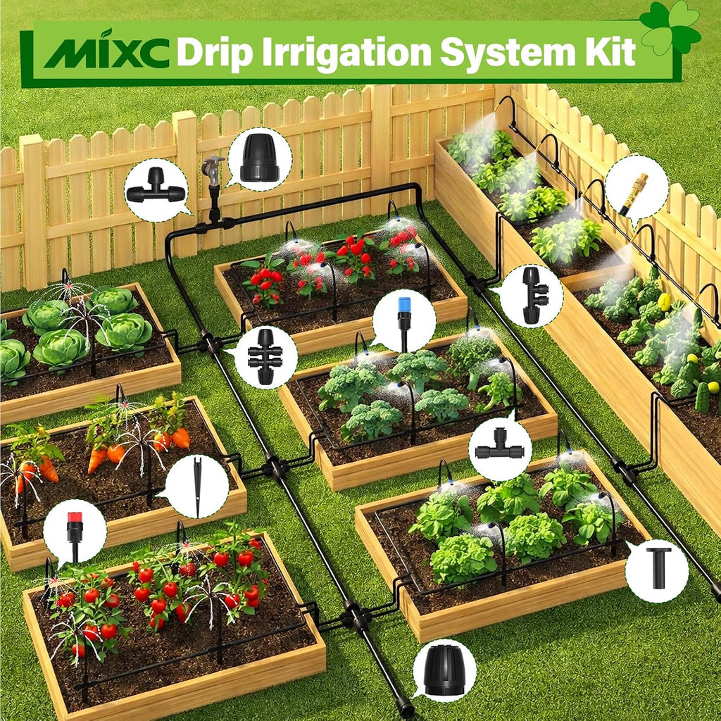 MIXC 2026-Upgrade 360° Adjustable Drip Irrigation System Kit, 200FT Bendable Watering Misting System with 3 Spray