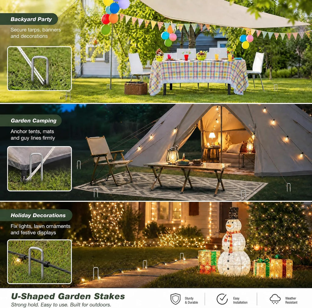 12 Inch Galvanized Garden Landscape Staples Stakes, 25 50 100 PCS Anti-Rust Garden Staples Tent Ground Stakes U-Shaped