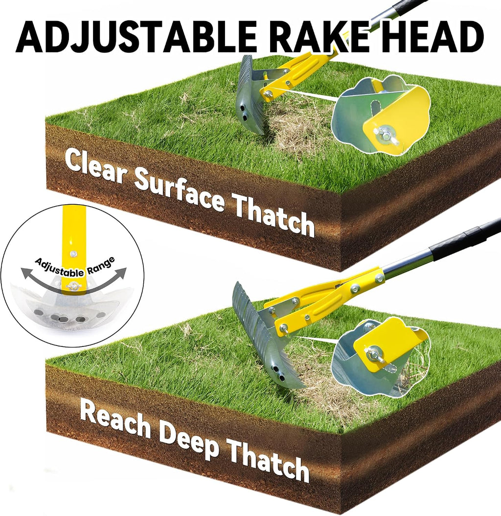 Thatch Rake for Lawn with 74inch Handle, 15 inch Dethatcher Rake for Grass to Cleaning Dead Grass, Efficient Steel