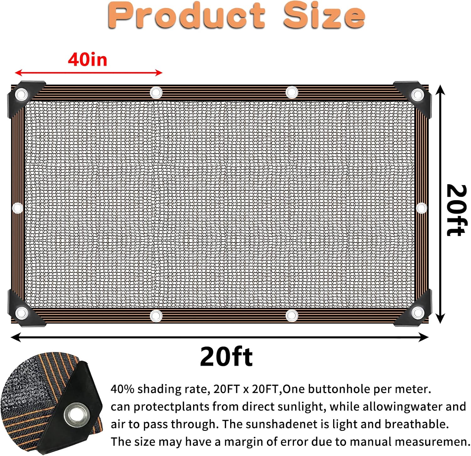 20 x 20 FT Shade Cloth for Plants Greenhouse, 40% Sunblock Shade Sails -for Garden Outdoor Pergola Patio Lawn Plant