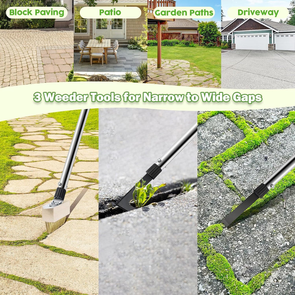 PIMEKOY Crack Weeder Tool Set, 3 Different Weed Remover Tool Head for Paver | 60" Long Handle Weed Scraper Tool, Moss