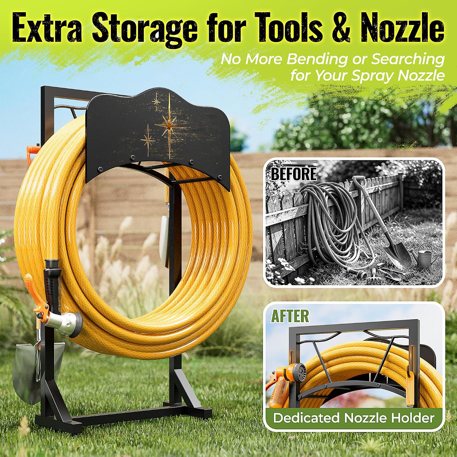 Garden Hose Holder & Water Hose Reel, Heavy Duty Freestanding Rack with 4 Spikes