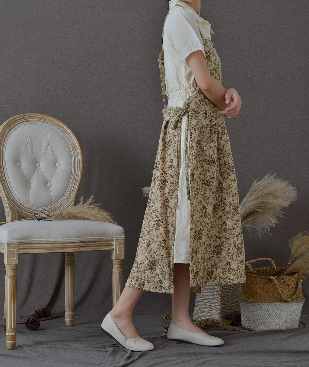 Japanese Cotton Linen Cross Back Apron with Pockets,Fashion Pinafore Dress for Gardening Painting Cleaning Cooking
