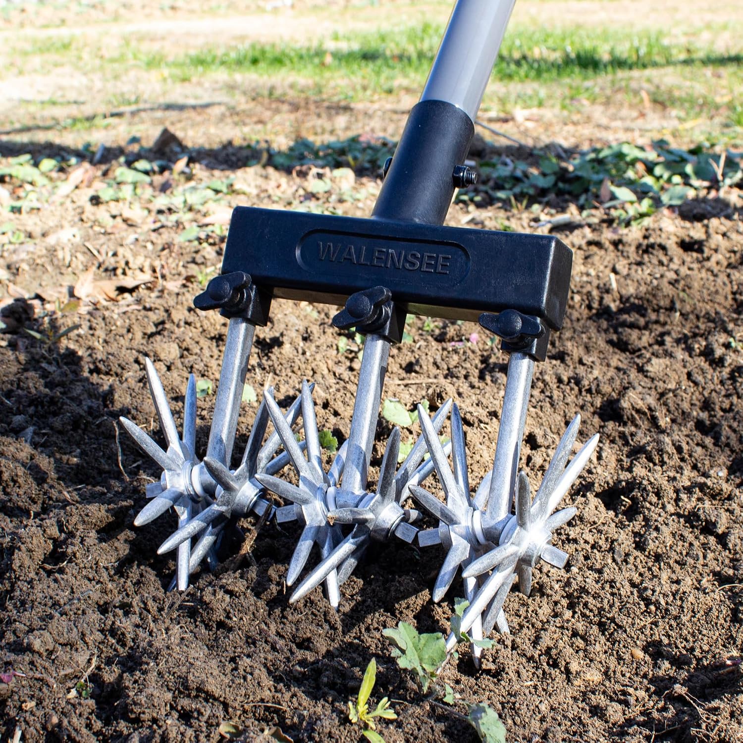 Walensee Rotary Cultivator, Hand Tiller for Soil Mixing or Reseeding | Star-Shaped Rotating Tines Break Up Soil Clods
