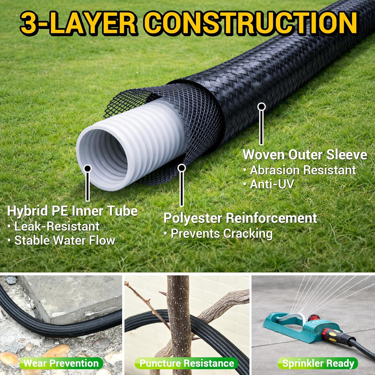TheFitLife 50 FT Garden Hose, Heavy Duty, Lightweight, Kink-Free, Flexible | 50ft Non-Expandable Water Hose Pipe with