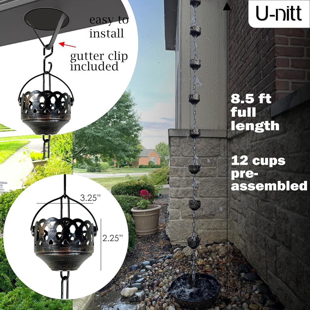 U-nitt Rain Chain Water Collection for Gutters Rainwater Catcher & Diverter, 8.5 FT Chains for Outside Garden, Antique