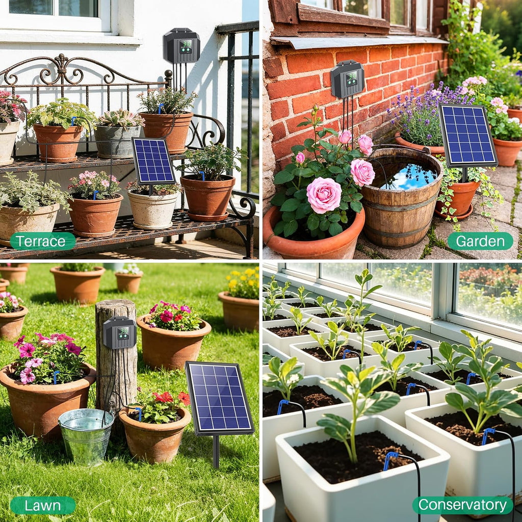 4W Solar Drip Irrigation Kit for Outdoor Indoor Plants, Customizable Watering Duration 1–30min & Interval 3h–7d, Solar