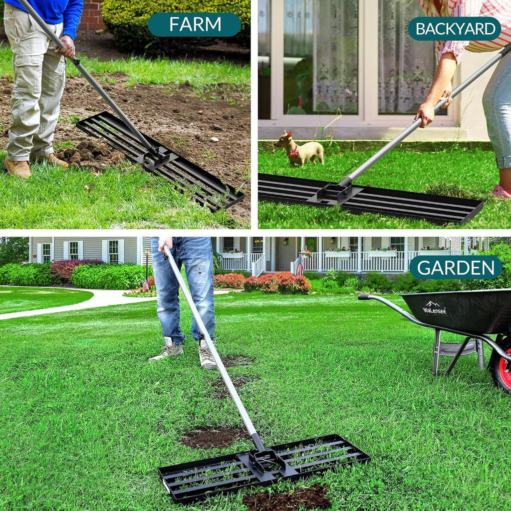 Walensee Lawn Leveling Rake, Reinforced Leveler with 6.5FT Steel Handle | 17X10 Inch Steel Head, Topdressing Spreader
