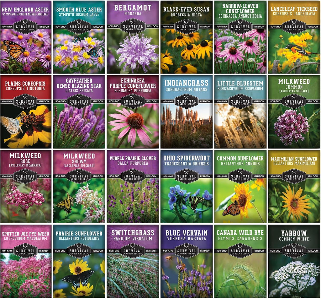 American Wildflower Seeds for Planting - 24 Variety Pack of Native Plants | Native Flowers + Bunchgrasses for Butterfly