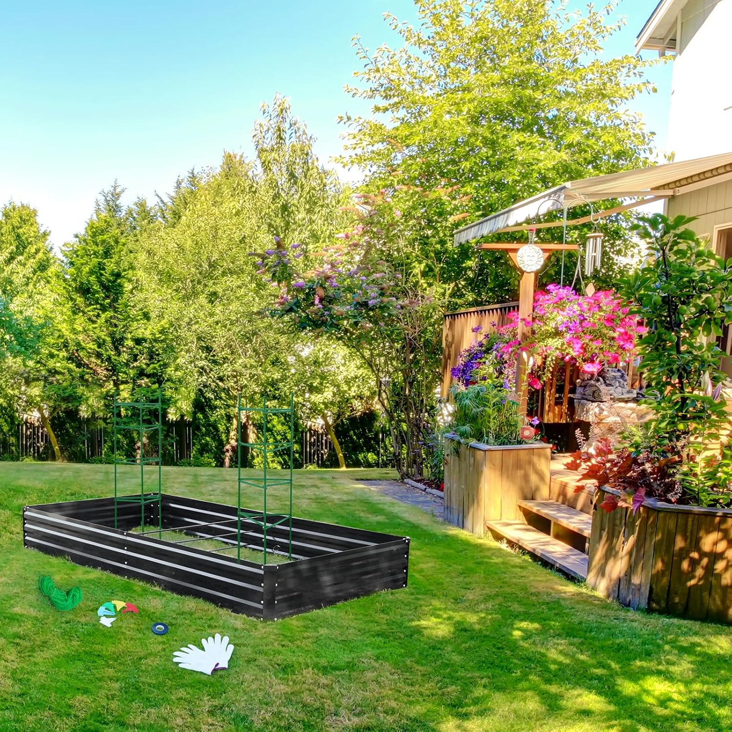 ONCEMORE Galvanized Raised Garden Bed for Vegetables Flowers Herbs, Metal Raised Garden Bed Kit with 2 PCS Tomato Cage