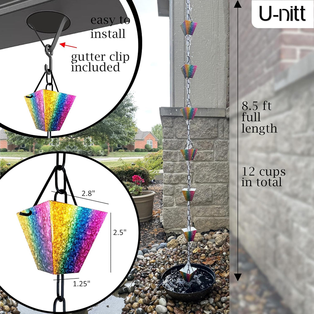U-nitt Rain Chain Water Collection for Gutters Rainwater Catcher & Diverter, 8.5 FT Chains for Outside Garden, Rainbow