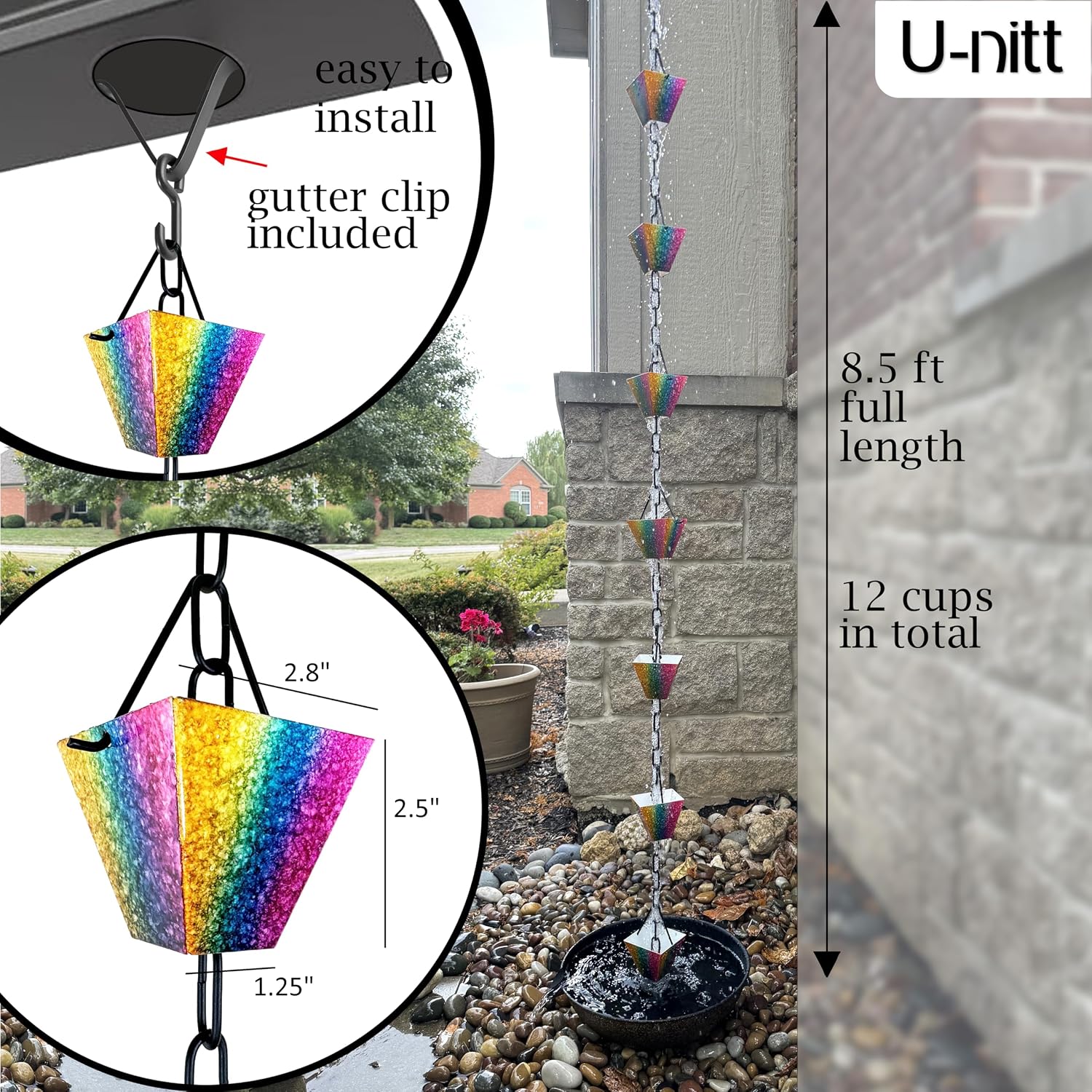 U-nitt Rain Chain Water Collection for Gutters Rainwater Catcher & Diverter, 8.5 FT Chains for Outside Garden, Rainbow