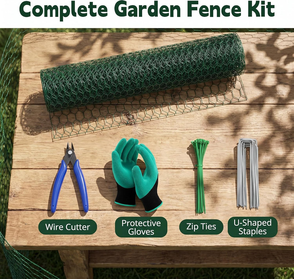 16in x 33ft PVC Coated Chicken Wire Mesh Fence | Garden Fencing Netting & Plant Protectors from Animals Kit with 100