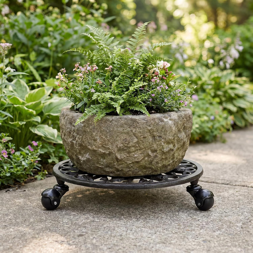 Fasmov Plant Caddy Cast Iron Plant Stand Plant Pallet Caddy Plant Pot with Heavy Duty Wheels Indoor Outdoor Planter